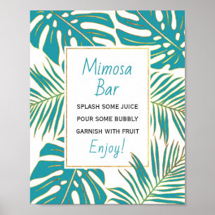 Teal, gold tropical leaves wedding bridal shower poster