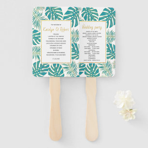Teal gold tropical leaves wedding program hand fan