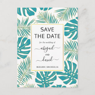 Teal, gold tropical leaves wedding Save the Date Announcement Postcard