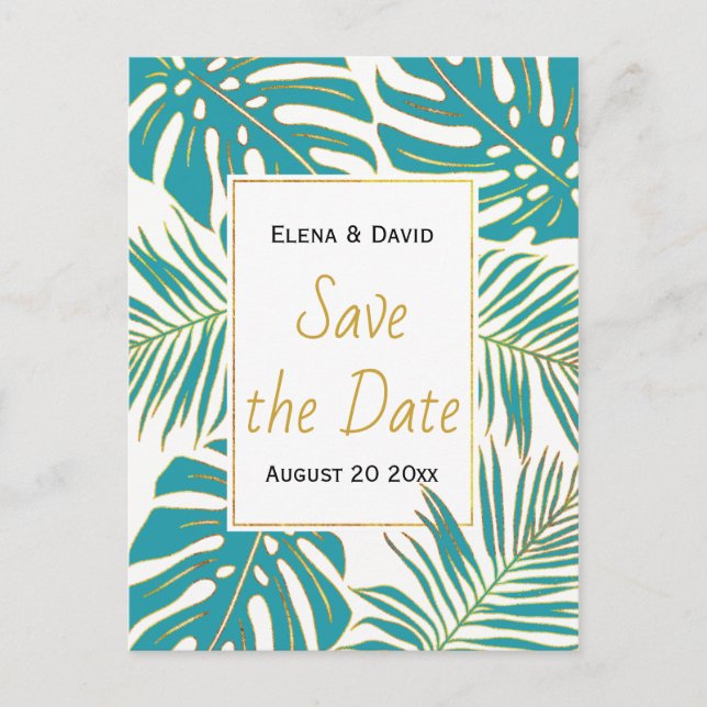 Teal, gold tropical leaves wedding Save the Date Announcement Postcard (Front)