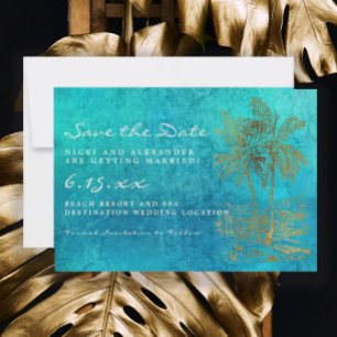 Teal Gold Tropical Palm Save Our Date Wedding Save The Date
