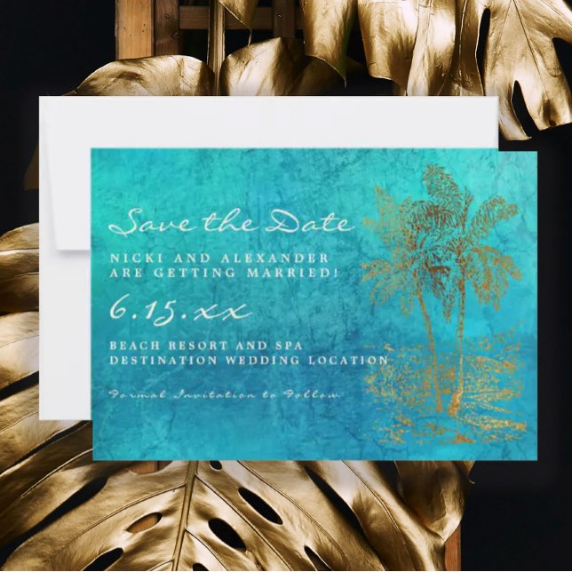 Teal Gold Tropical Palm Save Our Date Wedding Save The Date (Creator Uploaded)