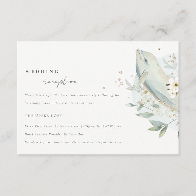 Teal Gold Underwater Floral Fish Wedding Reception Enclosure Card (Front)