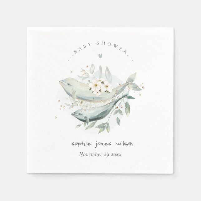 Teal Gold Underwater Floral Whale Fish Baby Shower Napkin (Front)