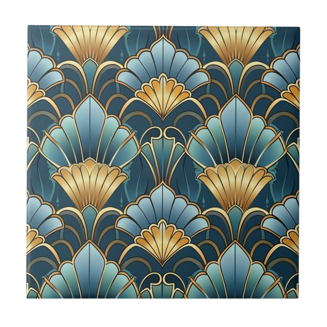 Teal gold vintage art deco pattern tile (Front)