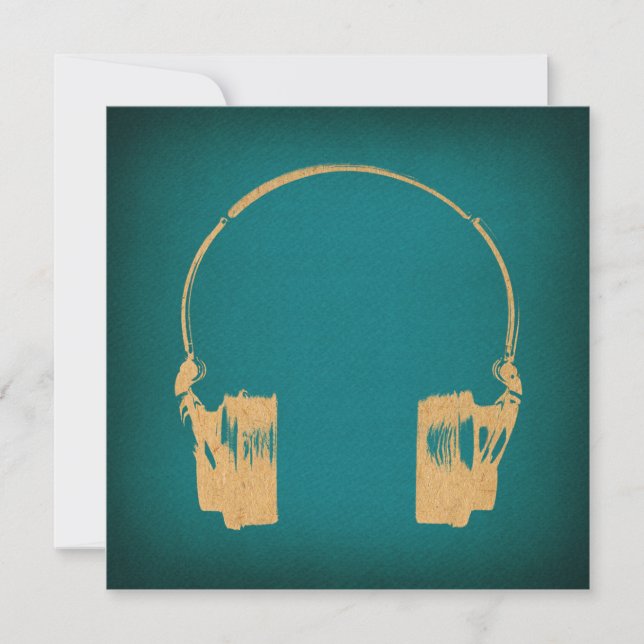 Teal & Gold Vintage Headphones Art Invitation (Front)