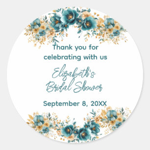 Teal Gold Watercolor Floral Bridal Shower Classic Round Sticker