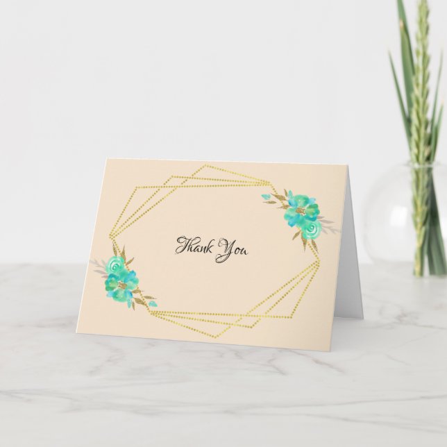Teal Gold Watercolor Floral Geometric Tan Card (Front)