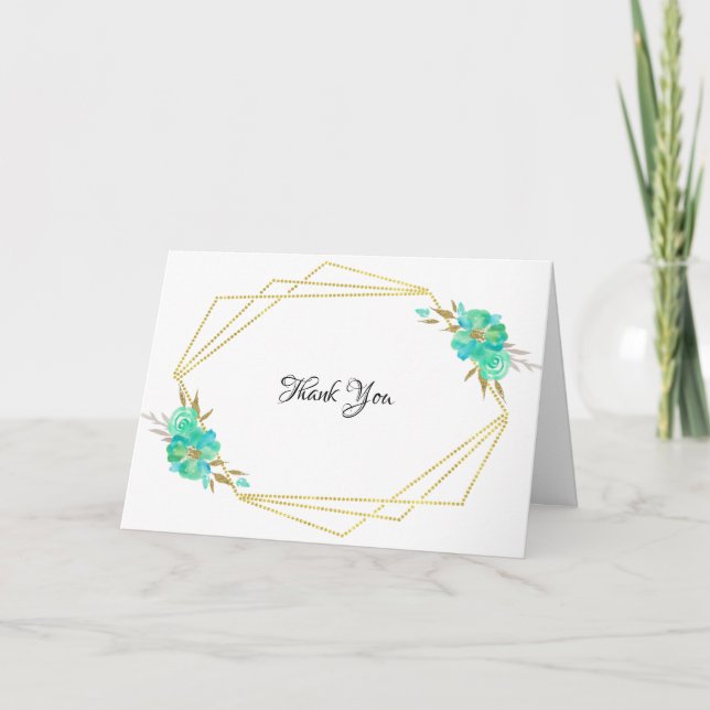Teal Gold Watercolor Floral Geometric Thank You Card (Front)
