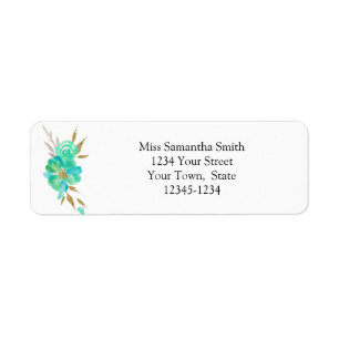 Teal Gold Watercolor Floral White Return Address