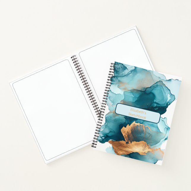 Teal Gold Watercolor Marble Alcohol Ink Sketch Notebook (Inside)