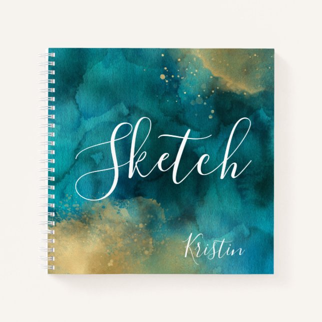 Teal Gold Watercolor Script Your Name Sketchbook Notebook (Front)