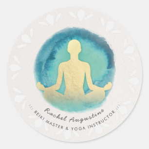 Teal Gold Watercolor YOGA Meditation Instructor Classic Round Sticker