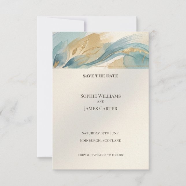 Teal Gold Watercolour Save The Date Card (Front)