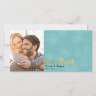 Teal & Gold Wedding Photo Love & Thanks Thank You Card