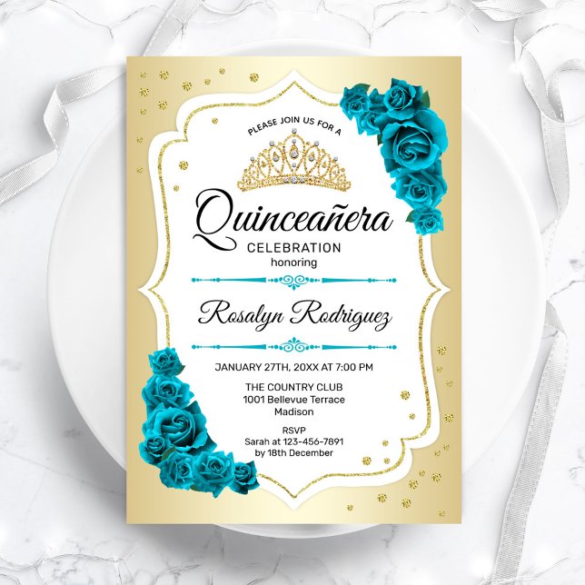 Teal Gold White Elegant Quinceanera Invitation (Creator Uploaded)