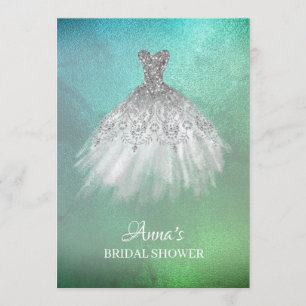 *~* Teal Gold White Gown Dress Bridal Shower Invitation