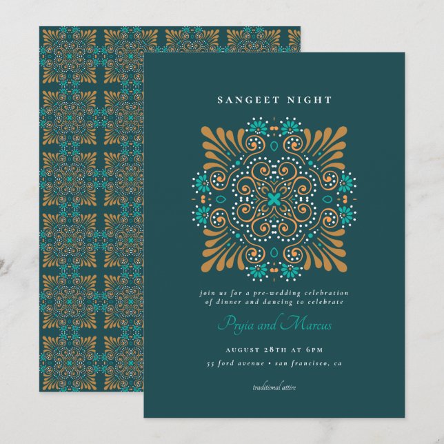 Teal Gold White Mandala Mehndi Sangeet Invitation (Front/Back)