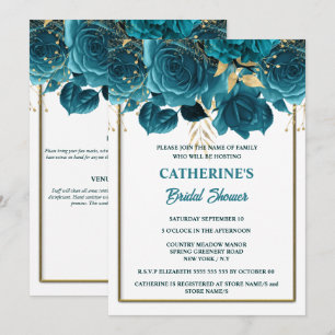 Teal gold white rose watercolor bridal shower  invitation