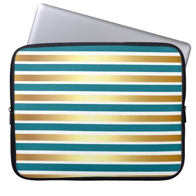 TEAL GOLD WHITE SHINY STRIPES LAPTOP SLEEVE (Front)