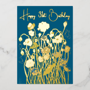 Teal & Gold Wild Poppy Watercolor aged Birthday Foil Holiday Card