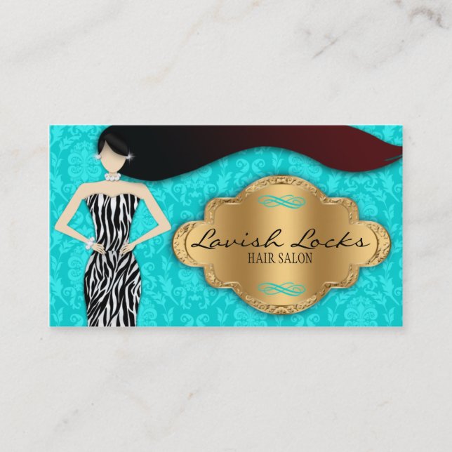 Teal Gold Zebra Damask Hair Stylist Business Card (Front)