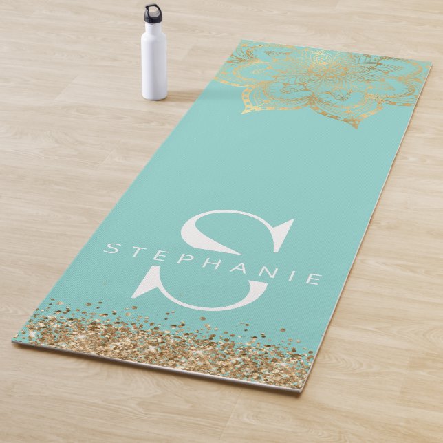 teal gold zen mandala monogram custom yoga mat (In Situ)