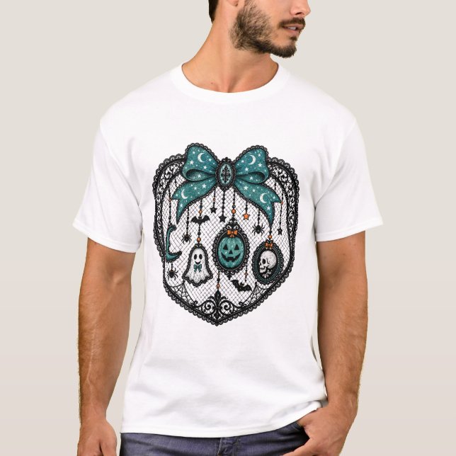 Teal Gothic Lace Bow Halloween T-Shirt (Front)