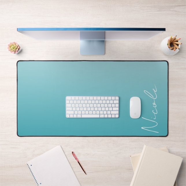 Teal Gradient Handwriting Script Personalised Desk Mat (Office 1)
