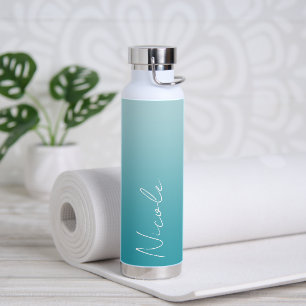 Teal Gradient Handwriting Script Personalised Water Bottle