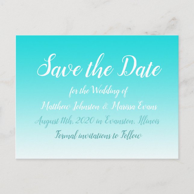 Teal Gradient Personalised Save the Date Postcards (Front)