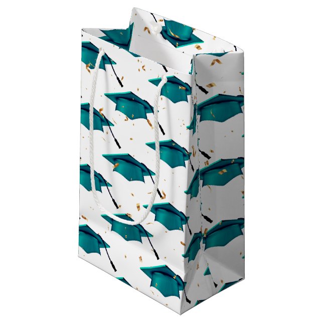 Teal Graduation Cap with Confetti  Small Gift Bag (Front Angled)