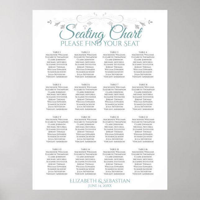 Teal & Gray 16 Table Wedding Seating Chart (Front)