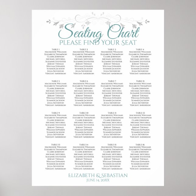 Teal & Gray 16 Table Wedding Seating Chart (Front)