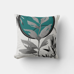Teal Gray & Black Abstract Watercolor Leaf Cushion