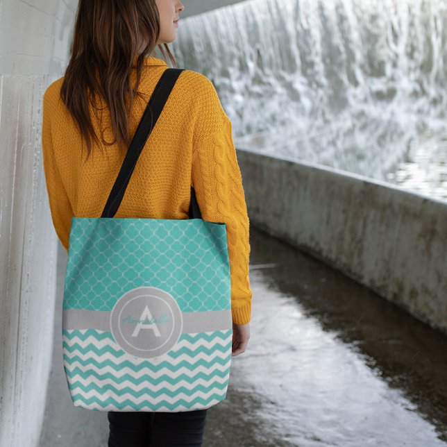 Teal Gray Chevron Quatrefoil Tote Bag (Creator Uploaded)