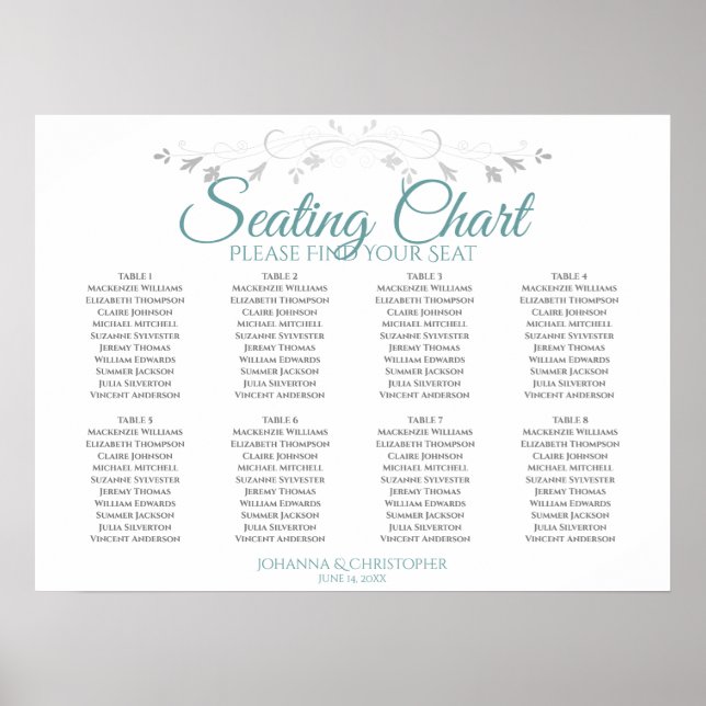 Teal & Gray Elegant 8 Table Wedding Seating Chart (Front)