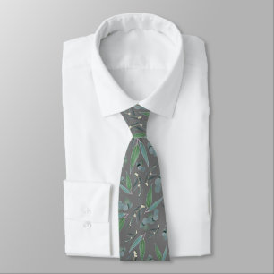 Teal Gray Eucalyptus Greenery Pattern Neck Tie