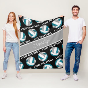 teal gray girls I love volleyball personalized Fle Fleece Blanket