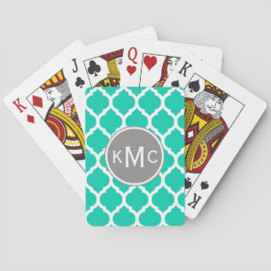 Teal Gray Moroccan Lattice Playing Cards