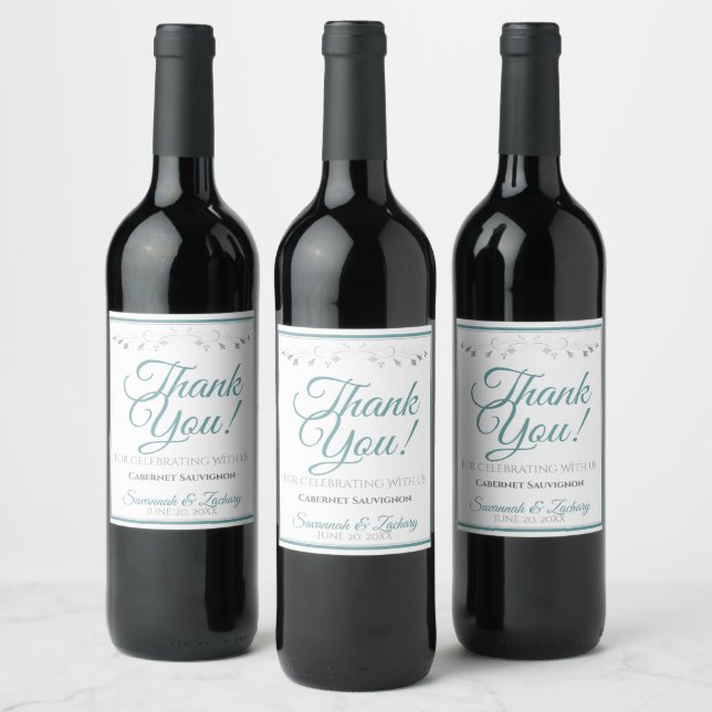 Teal & Gray Simple Elegant Wedding Thank You Wine Label (Bottles)