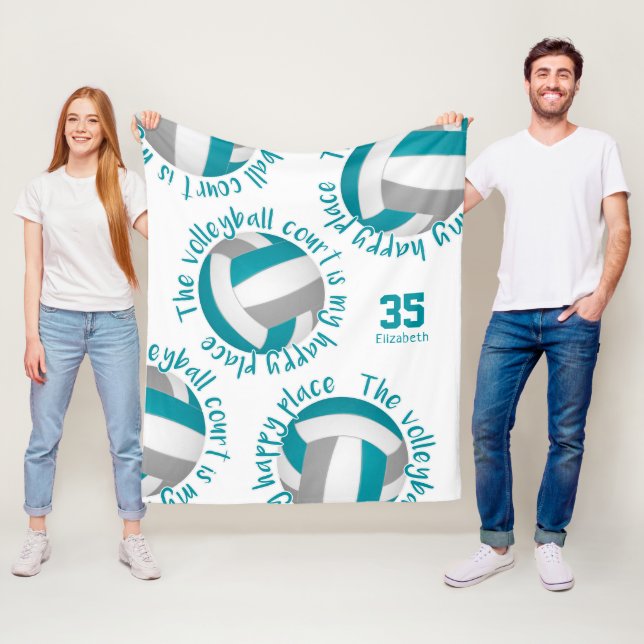 teal gray volleyball court happy place typography fleece blanket (In Situ)