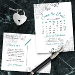 Teal, Gray & White Wedding Save the Date Calendar Announcement Postcard<br><div class="desc">This beautiful save the date postcard will give your friends and family advance notice of your upcoming wedding. It features a clever design with a custom calendar where you can put a heart around your wedding date. The background is white, with teal and gray text and decorative silver gray faux...</div>