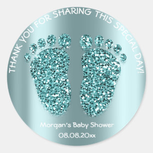 Teal Gree Glitter Feet Baby Shower Favour Thank Yo Classic Round Sticker