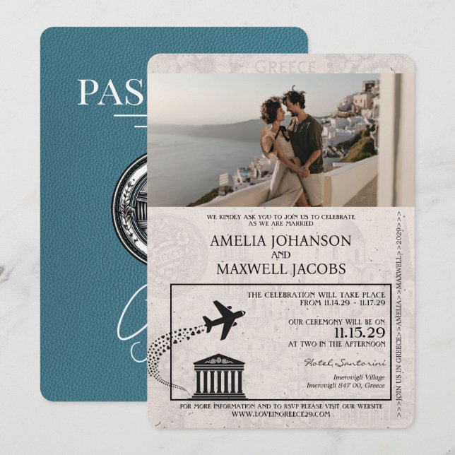 Teal Greece Passport Wedding Invitation (Front/Back)