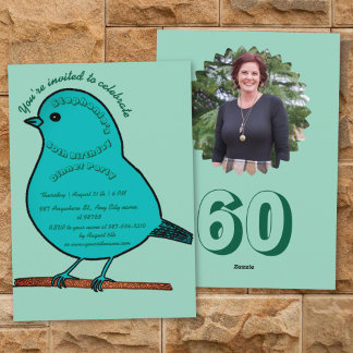Teal & Green 60th Birthday Cute Bird Dinner Party Invitation