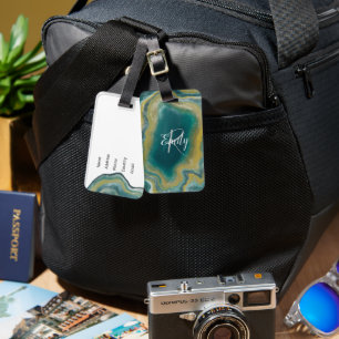 Teal Green Agate Marble Abstract Name Monogram Luggage Tag