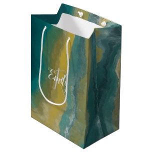 Teal Green Agate Marble Abstract Name Monogram Medium Gift Bag