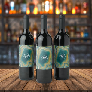 Teal Green Agate Marble Abstract Name Monogram Wine Label