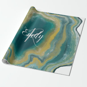 Teal Green Agate Marble Abstract Name Monogram Wrapping Paper